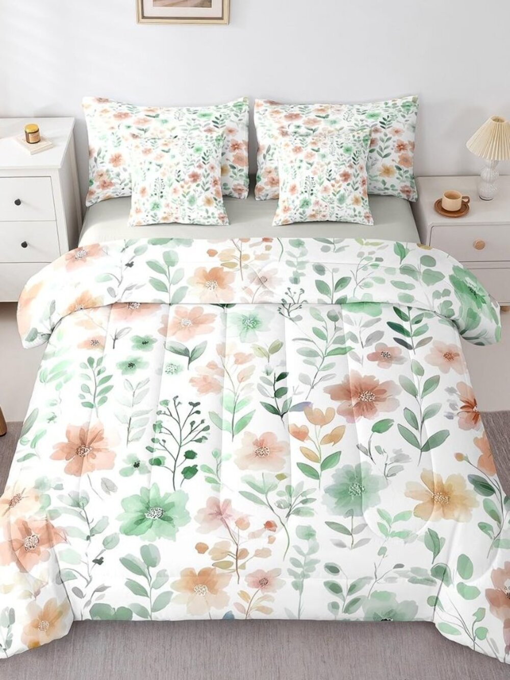 Cute Floral Full Bed in a Bag with Sheets,Sage Green and Beige Flower Comforter